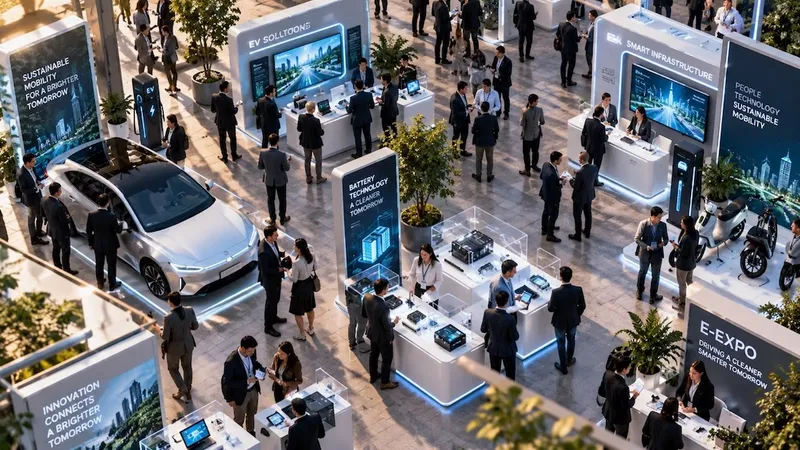 Visitors moving between E-Expo stands of electric vehicles, batteries and charging technology.