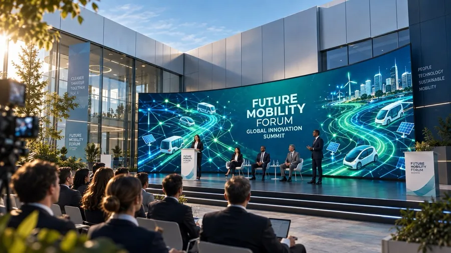 Delegates watching a Future Mobility Forum panel on stage in front of a mobility graphic.