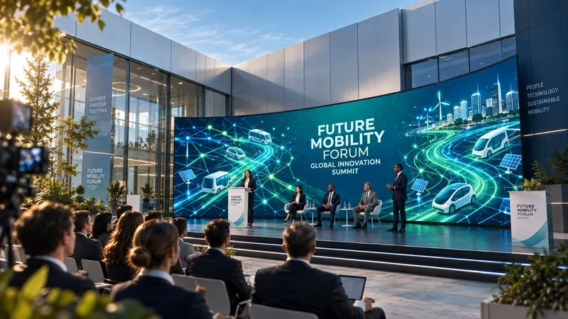 Delegates watching a Future Mobility Forum panel on stage in front of a mobility graphic.